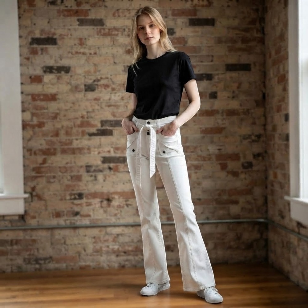Veronica Beard Giselle Flare White High Rise Tie Waist Jeans Button Fly Size 25